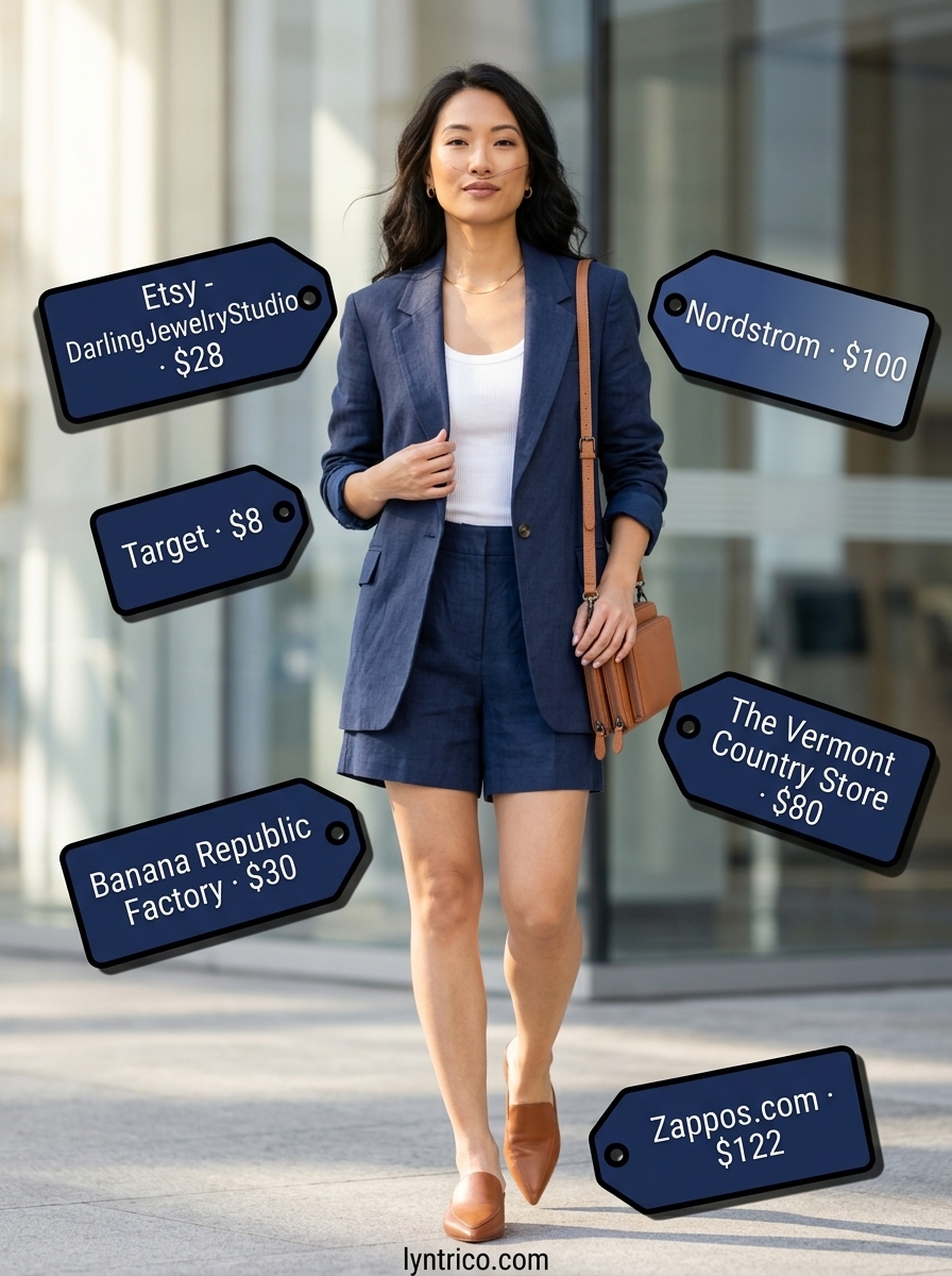 Summer linen business casual outfit for women 2026: Navy shorts, white tank, navy blazer, tan mules. Chic & modern for office.