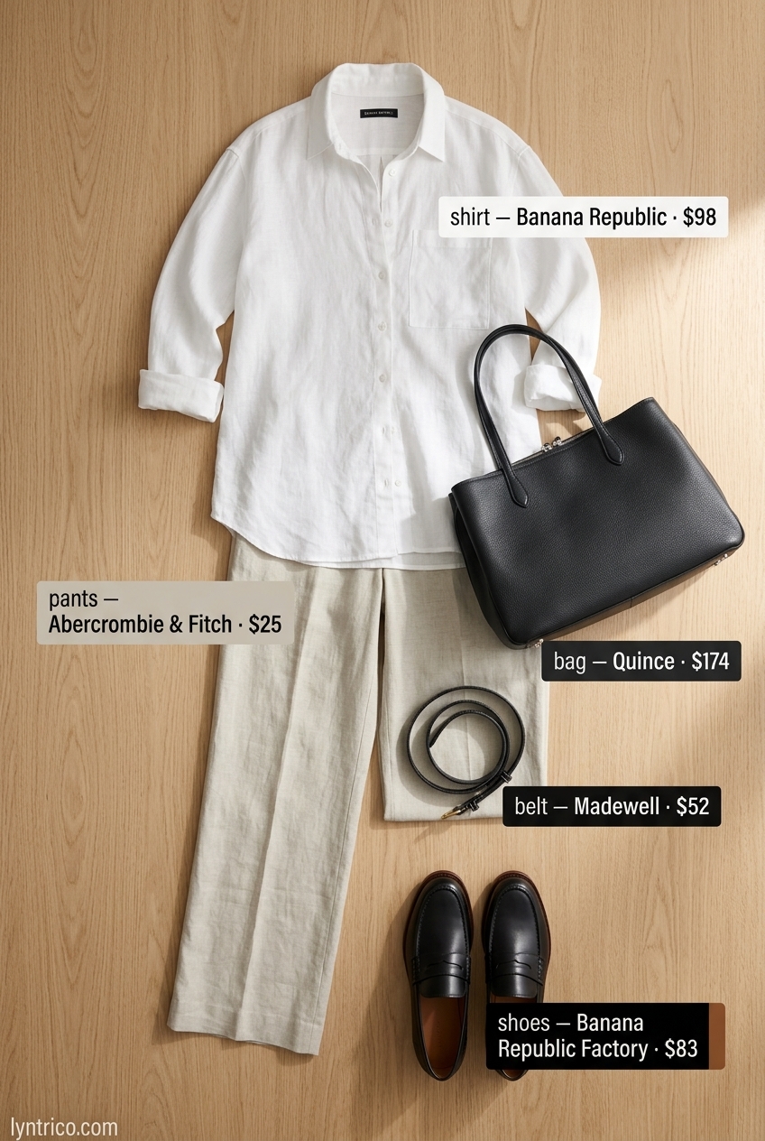 Stone linen trousers and white linen shirt for a relaxed summer linen business casual outfit for women 2026. Classic polished office look.