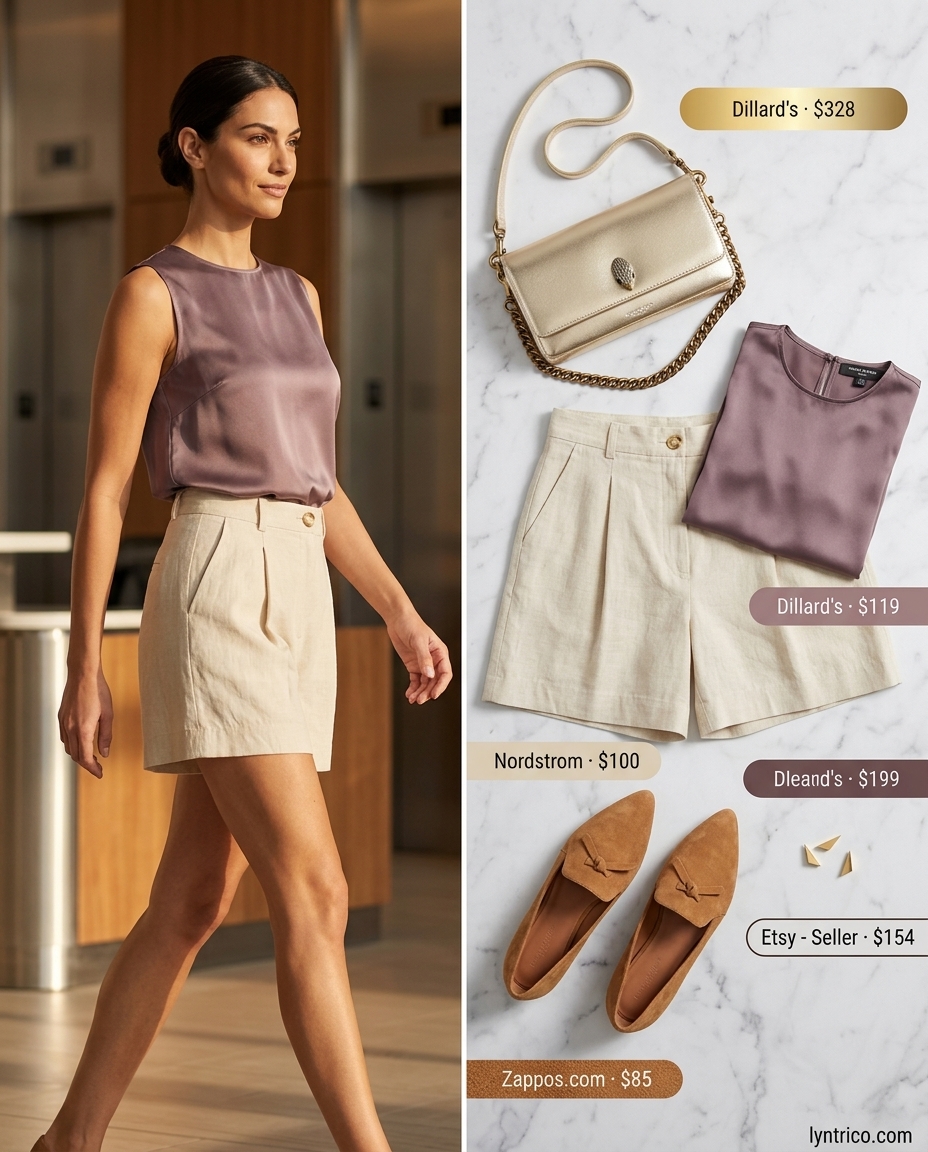 Summer linen business casual outfit for women 2026: Beige tailored shorts, navy blouse, tan loafers. Smart & fresh for office.