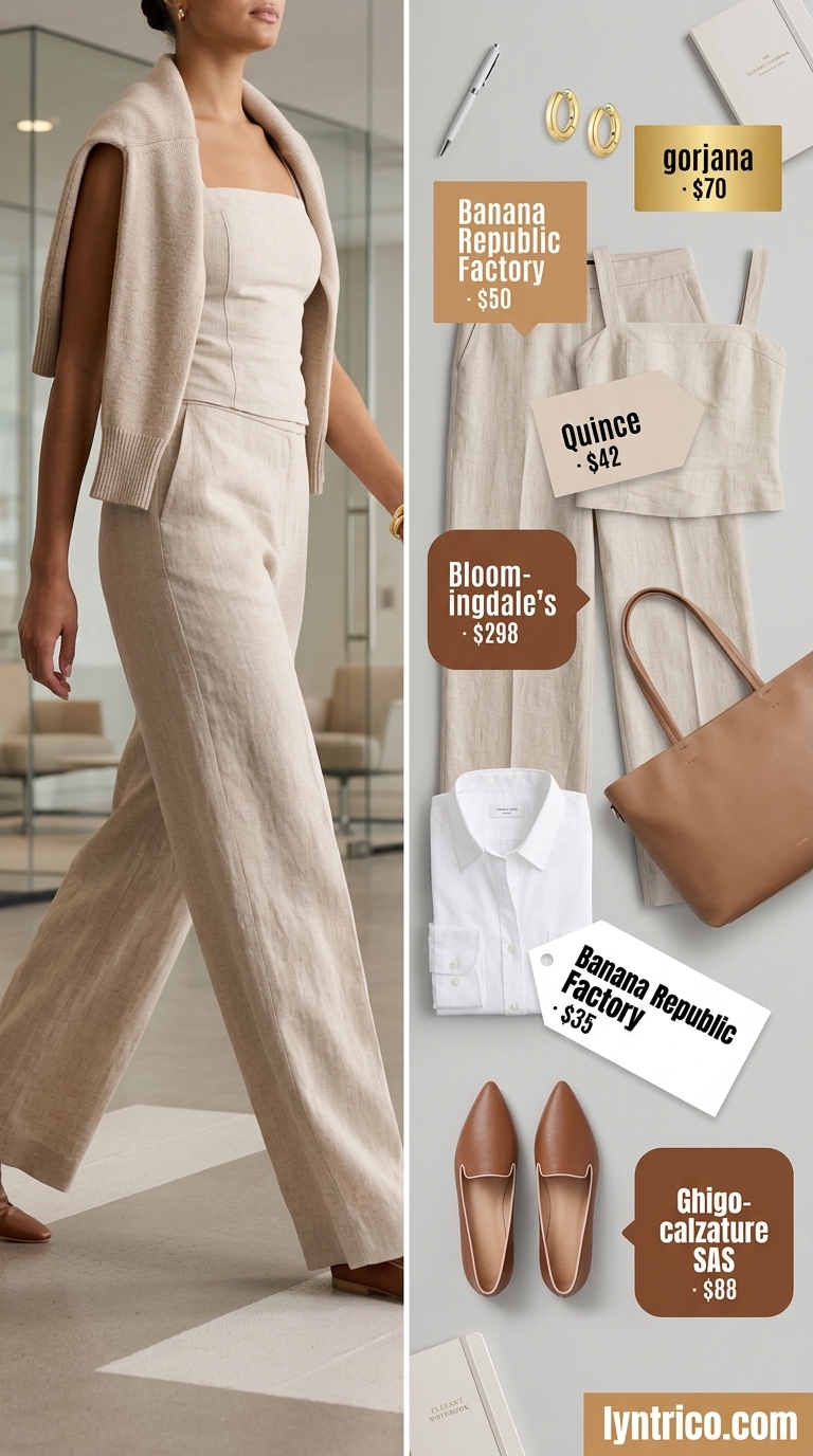 Summer linen business casual outfit for women 2026: Beige wide-leg pants, white shirt, tan loafers. Professional & comfortable for office.