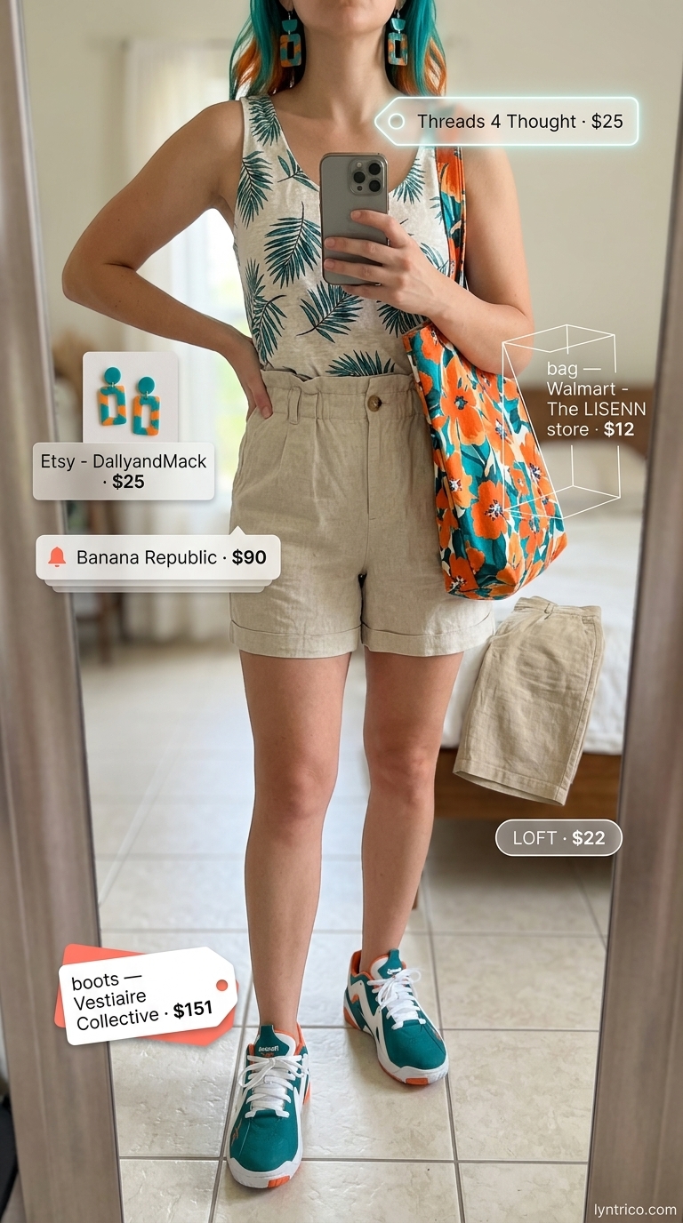 Abstract print linen tank top with cream Bermuda shorts for an artsy summer outing 2026.