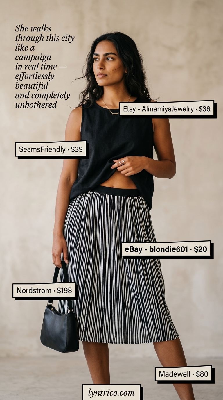 Monochrome abstract print skirt with a black linen sleeveless top for an artistic summer outfit 2026.