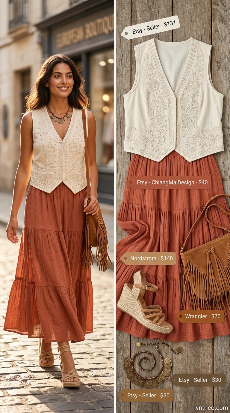 Bohemian Rhapsody outfit: Terracotta linen halter top, tiered maxi skirt, and straw bag for festivals.