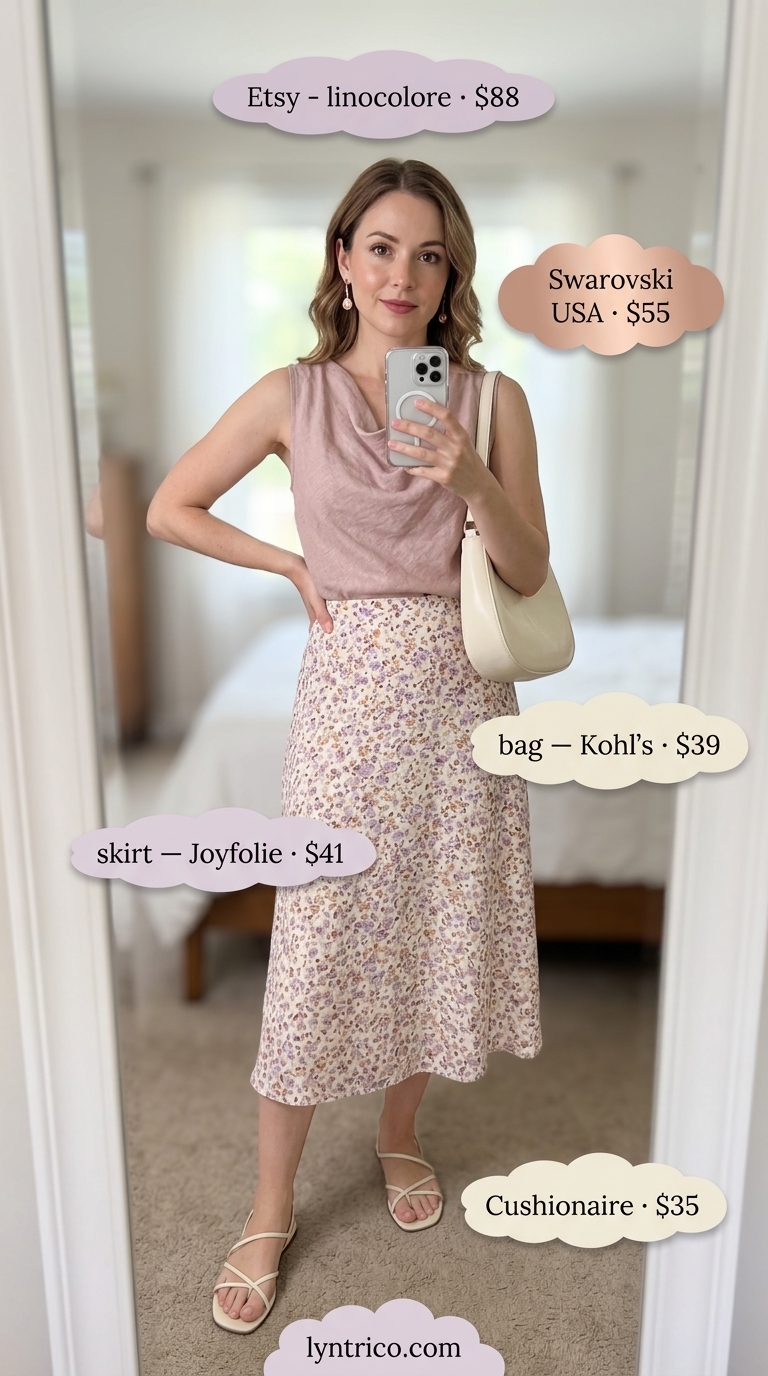 Breezy Brunch Date outfit: Lilac linen cowl neck top, floral skirt, and rose gold earrings for a romantic look.