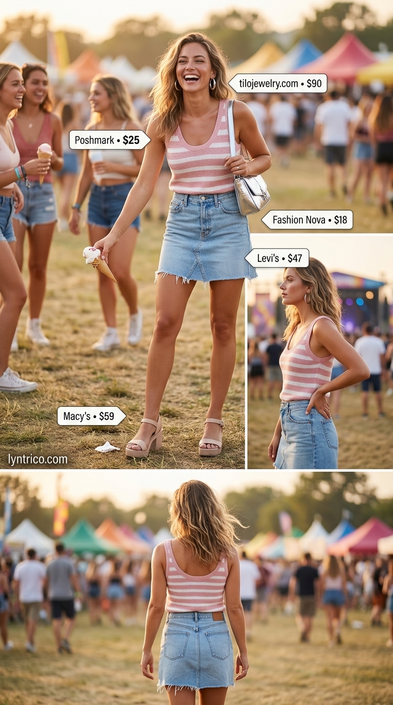 Candy Store Dream outfit: Pink stripe linen tank top, denim mini skirt, and silver hoops for a playful look.