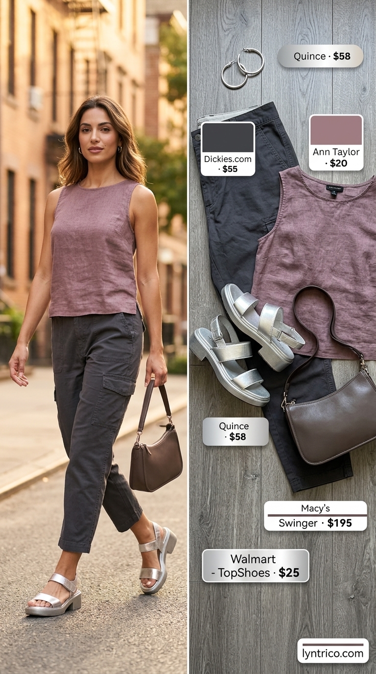 Cityscape Explorer outfit: Sky blue linen tank top, olive cargo pants, and silver hoop earrings for urban adventures.