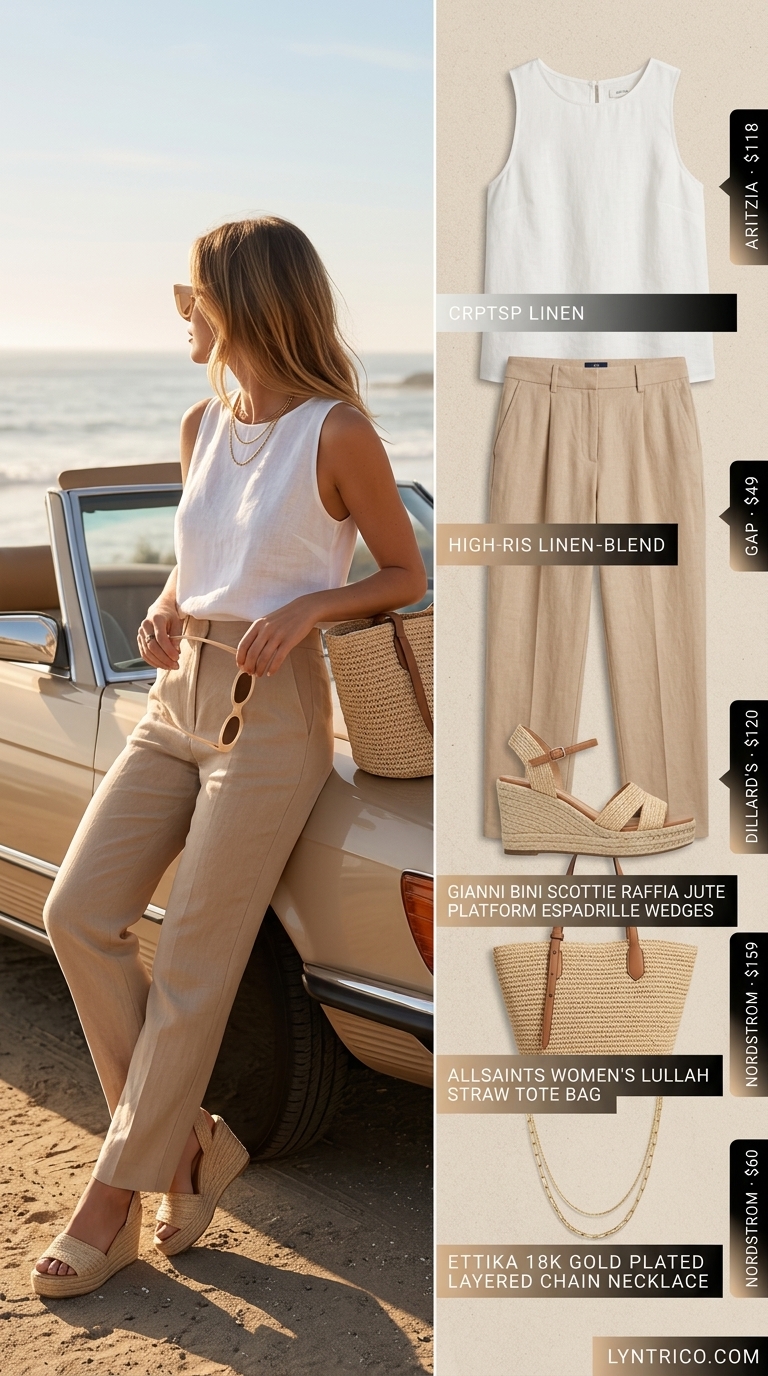 Coastal Chic Brunch outfit: White linen vest top, beige wide-leg trousers, and straw tote for relaxed elegance.