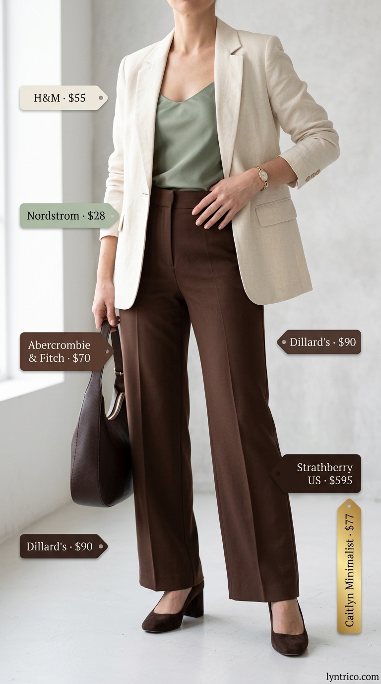 Sage green linen camisole with tailored brown trousers for creative office summer 2026.