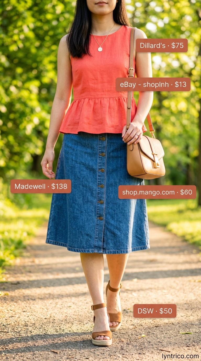 Bright coral linen peplum top with a denim midi skirt for a fun brunch summer outfit 2026.
