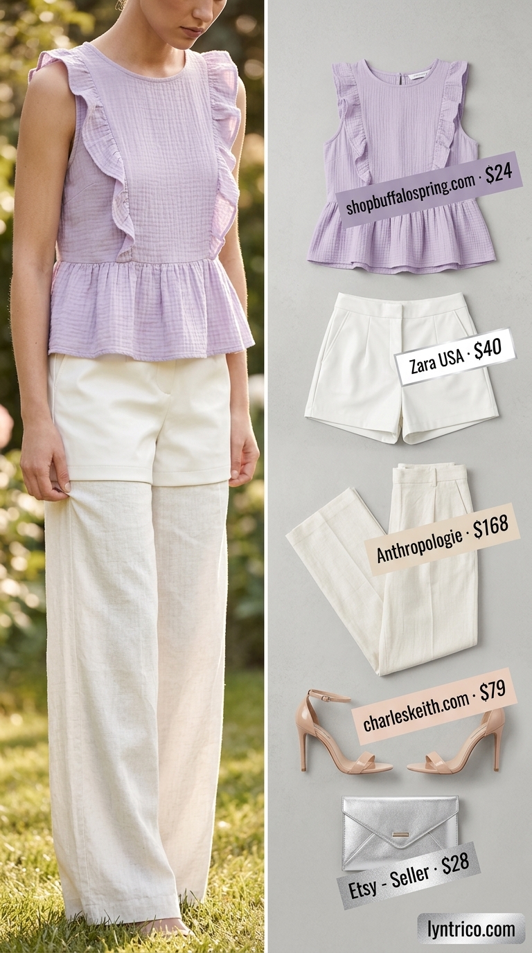 Lavender linen peplum top with white wide-leg trousers for a charming garden party summer outfit 2026.