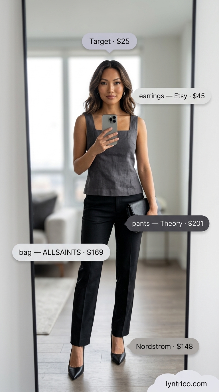 Monochrome minimalist outfit: Charcoal grey linen sleeveless top, black pants, and silver clutch for evening events.