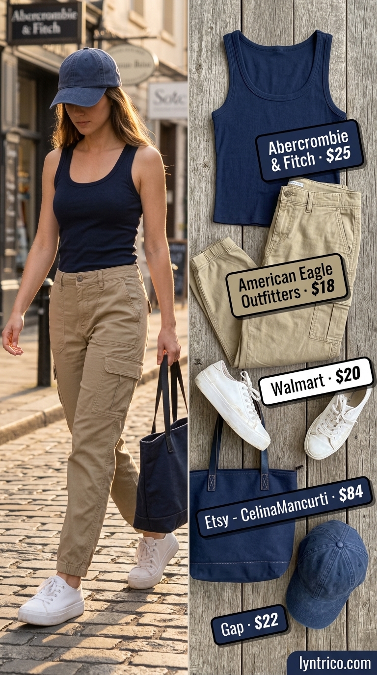 Nautical outfit: Navy linen tank top, khaki cargo pants, and white sneakers for a casual day out.