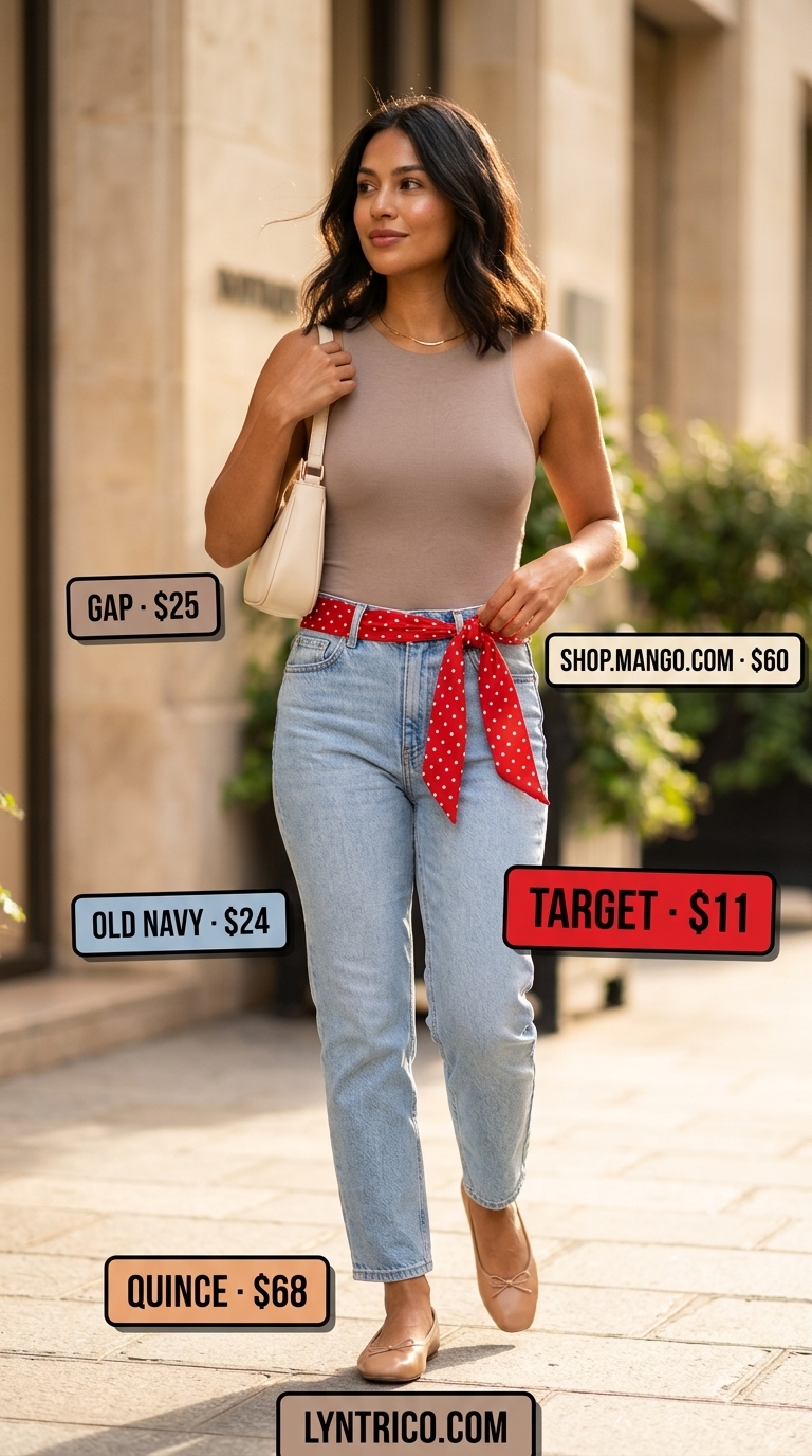 Black linen blend bodysuit with white jeans and a red scarf for Parisian errands summer 2026.