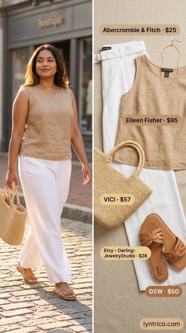Riviera Retreat outfit: Sunny yellow linen sleeveless top, cream wide-leg trousers, and raffia bag for resort wear.