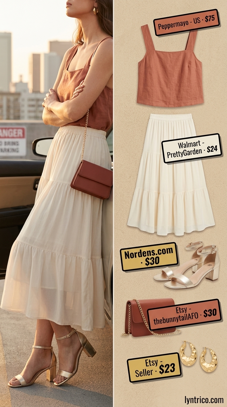 Terracotta linen halter top with a cream tiered maxi skirt for a romantic summer soiree 2026.