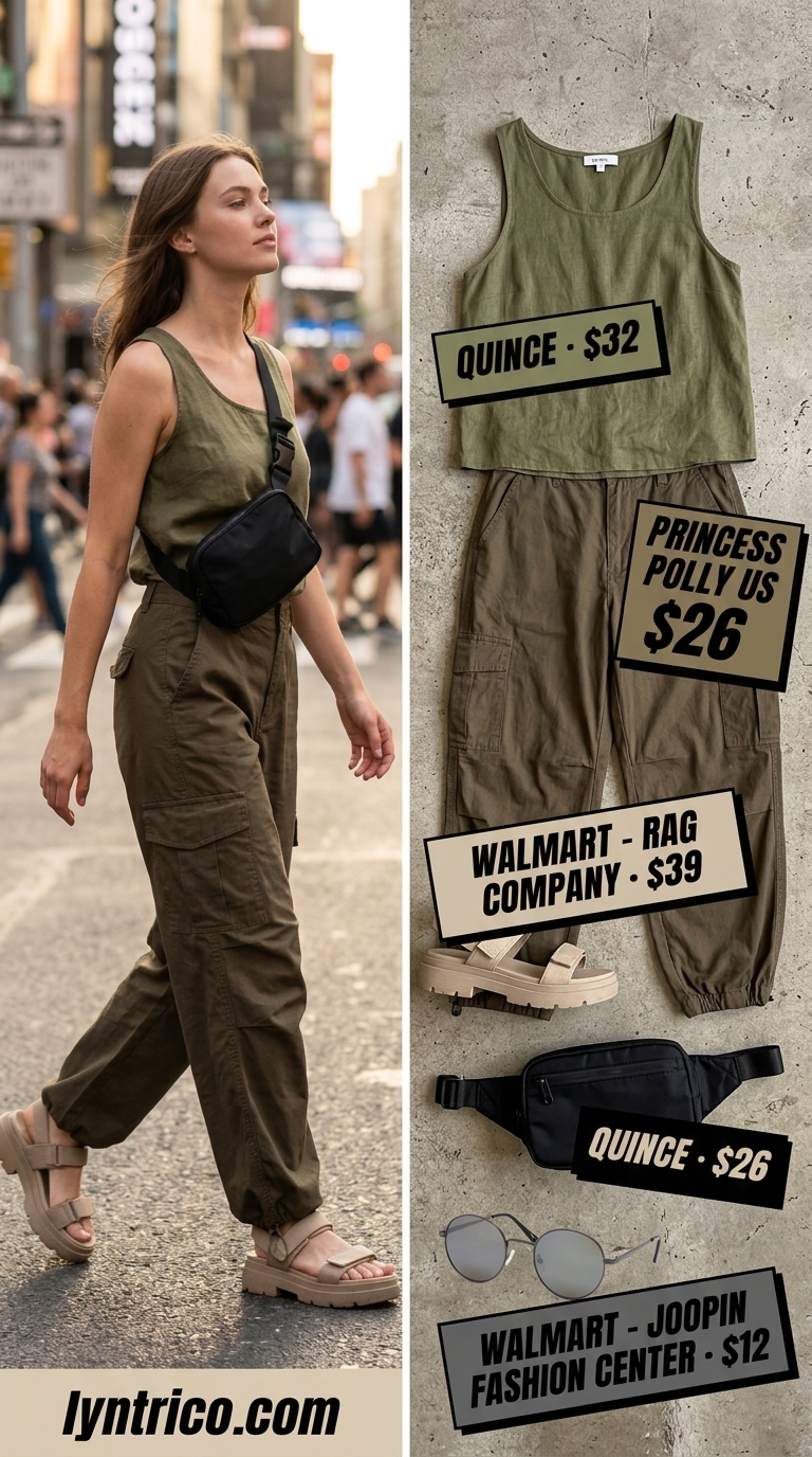 Urban Safari outfit with olive green linen sleeveless top, khaki cargo pants, and black belt bag for city sightseeing.
