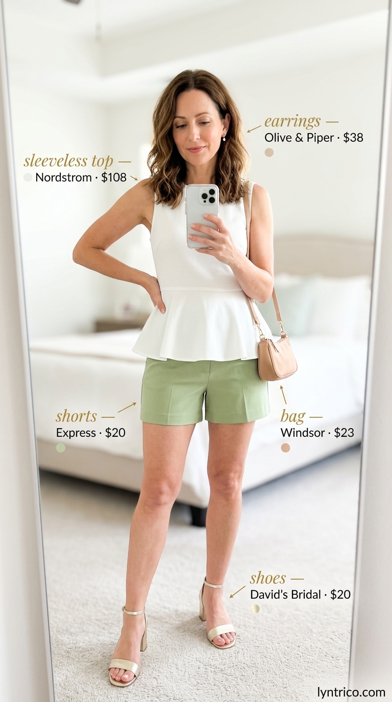 Vibrant Garden Soiree outfit: Pistachio green linen peplum top, white shorts, and gold statement earrings.