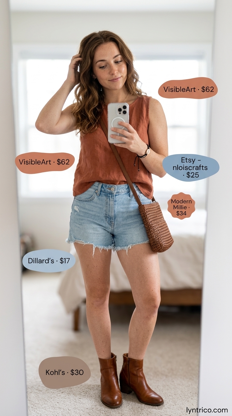 Terracotta linen wrap top with distressed denim shorts for boho festival style 2026.