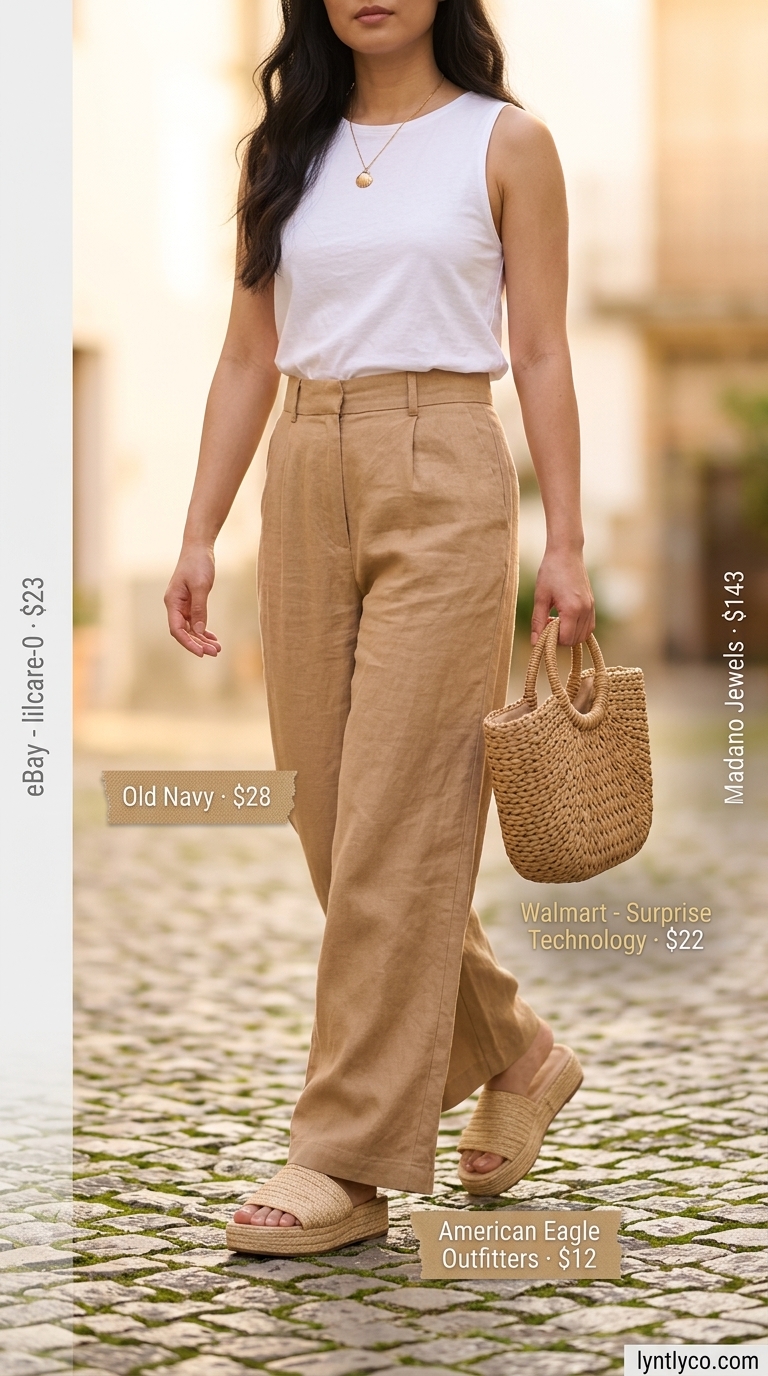 White linen sleeveless top with sky blue wide-leg pants for a coastal Riviera look 2026.