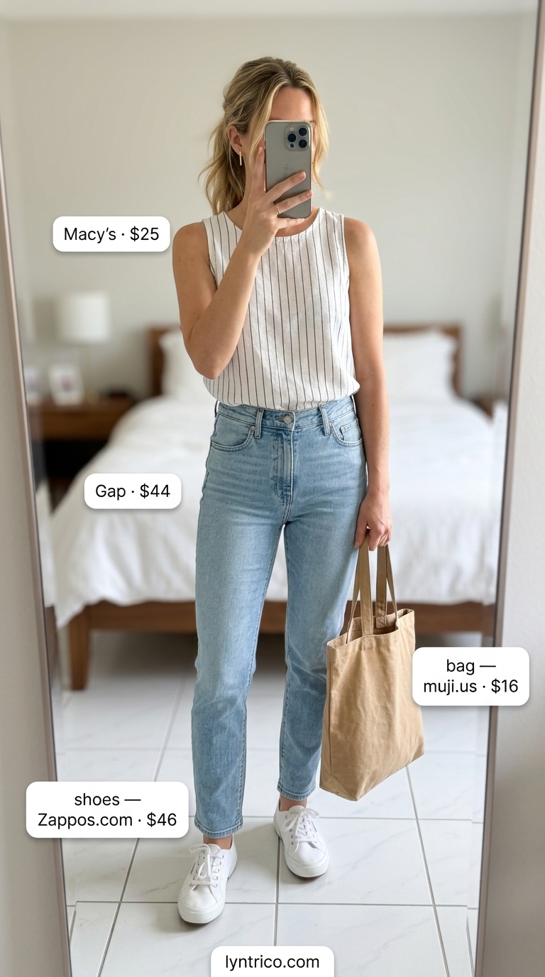 Navy stripe linen camisole with light wash denim for a farmer's market look 2026.