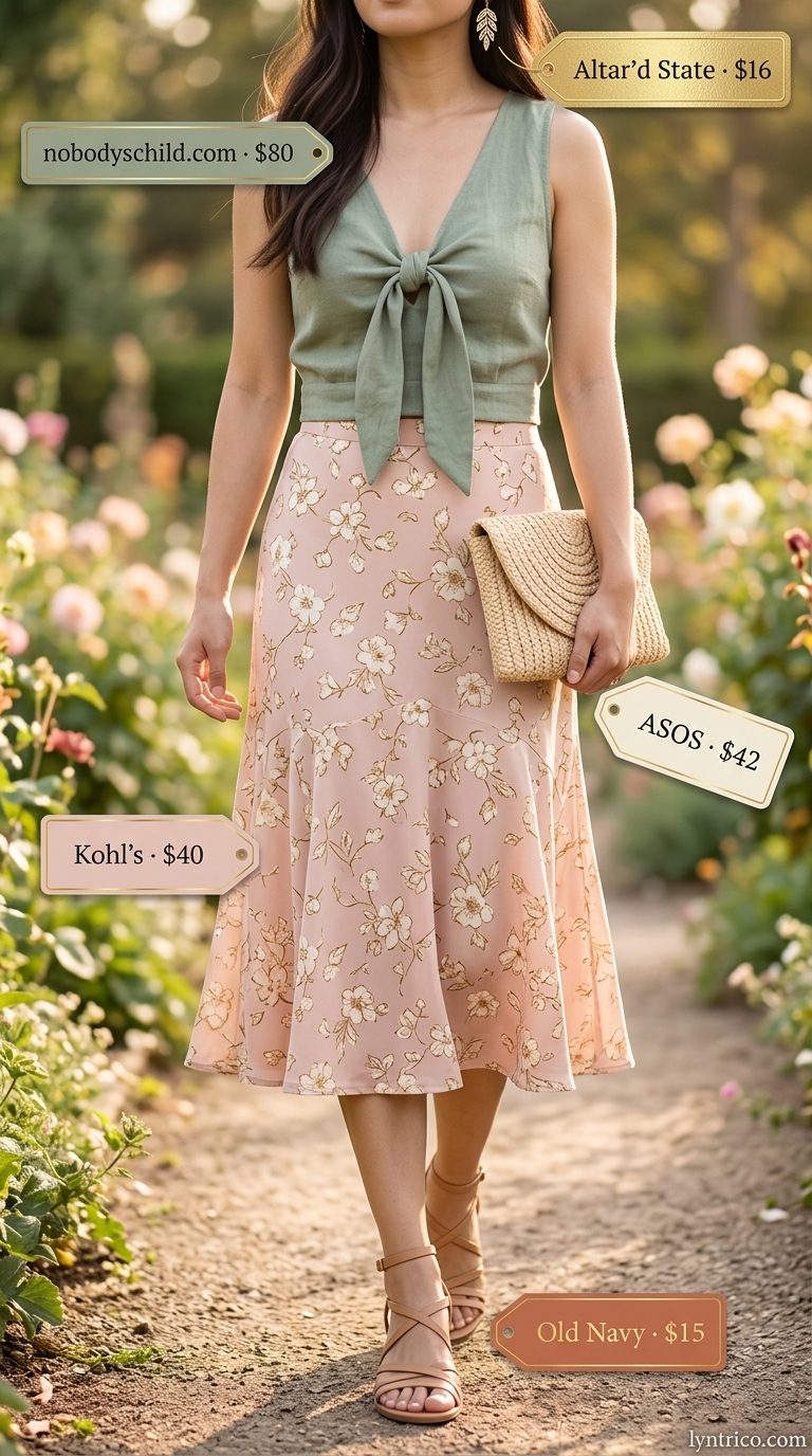 Sage green linen sleeveless blouse with a floral midi skirt for a garden brunch 2026.