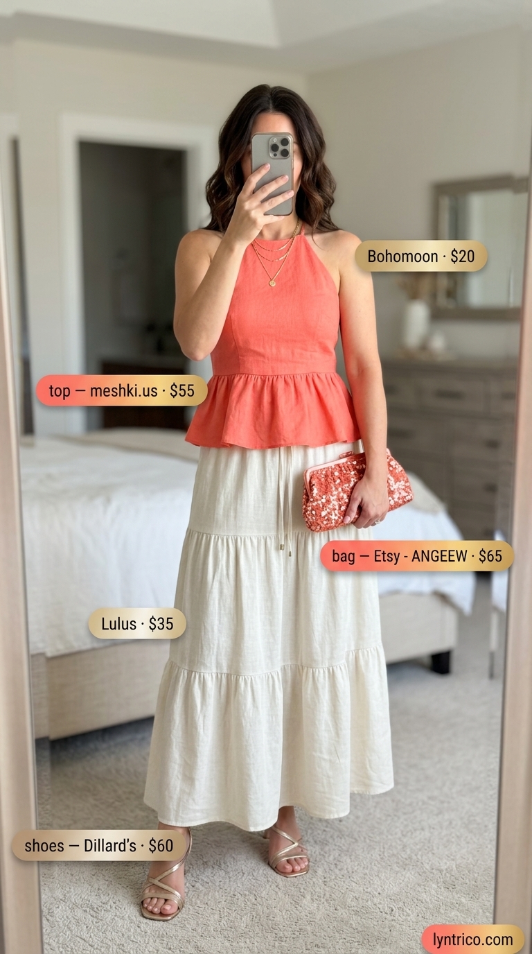 Coral linen halter top with ivory tiered maxi skirt for sunset dining 2026.