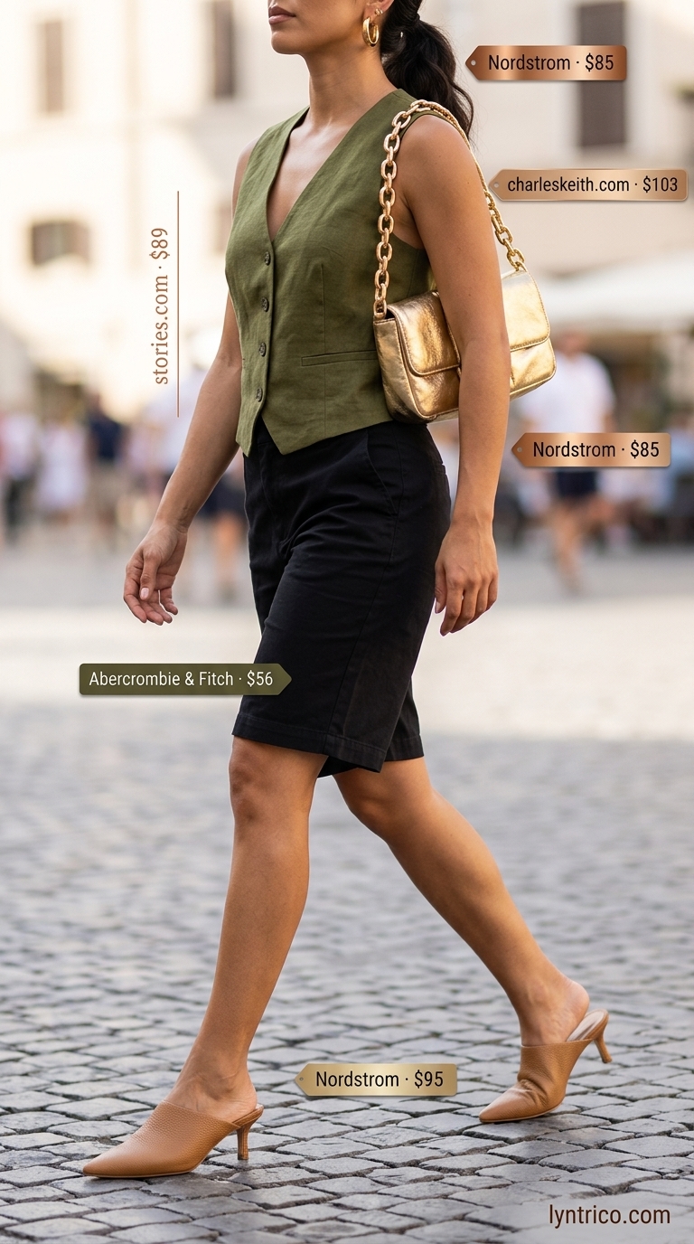Olive green linen vest worn as a top with black Bermuda shorts for urban safari 2026.