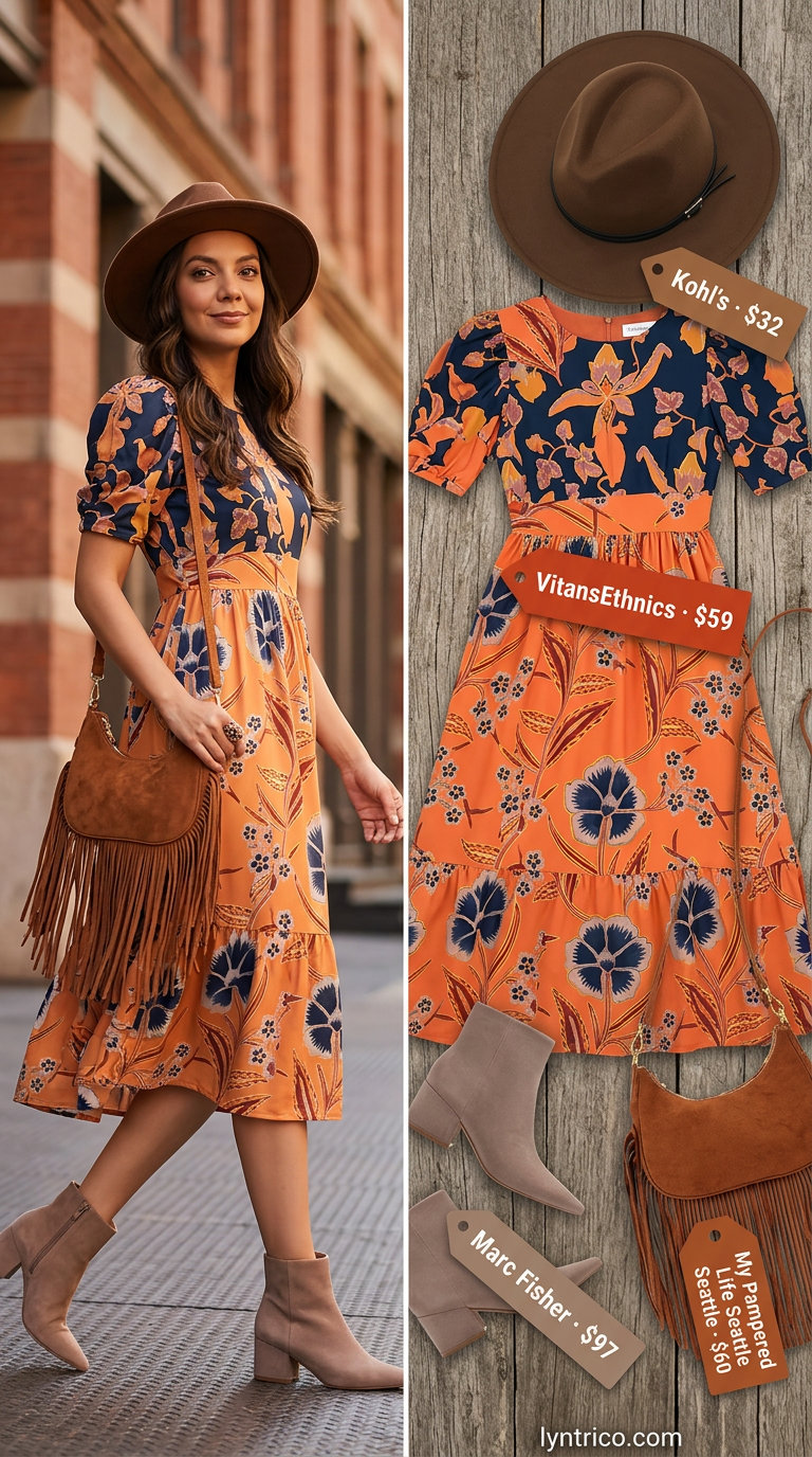Terracotta paisley print midi dress with suede boots and fringe bag for summer outfits 2026.