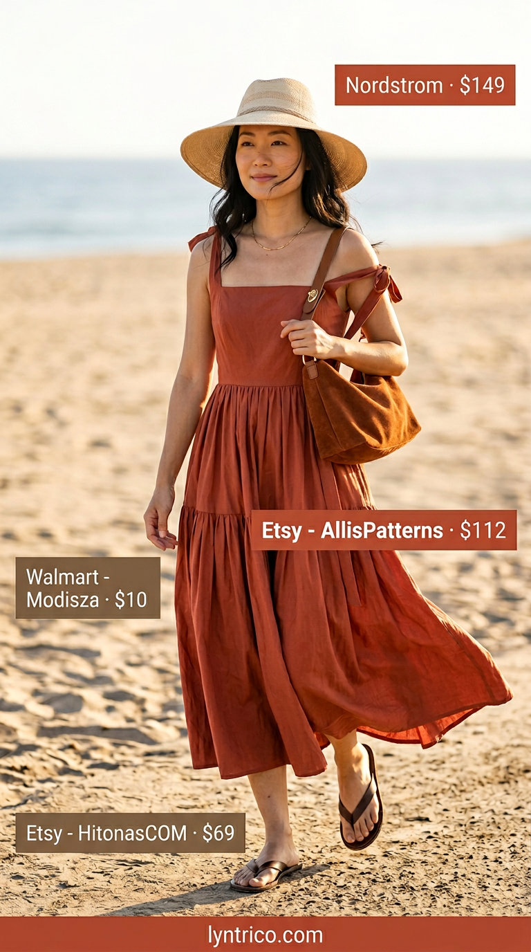 Terracotta tiered maxi dress with straw hat and suede crossbody for summer outfits 2026.