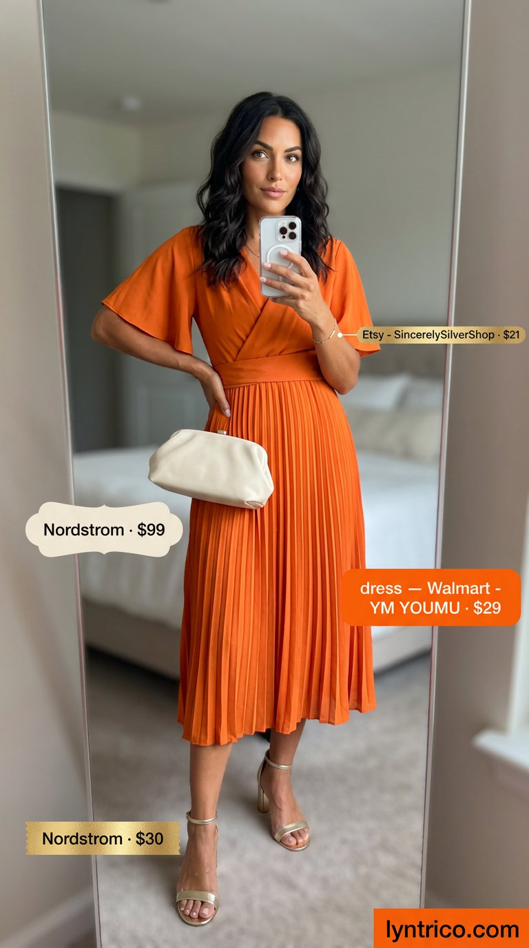 Tangerine orange wrap midi dress with gold heeled sandals for summer outfits 2026.