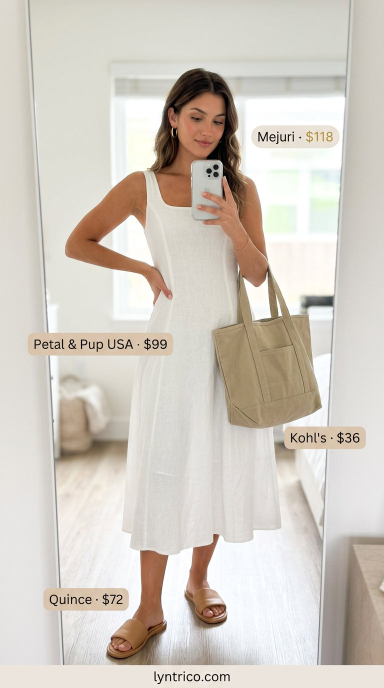 Khaki midi dress with leather slides and canvas tote for casual summer outfits 2026.