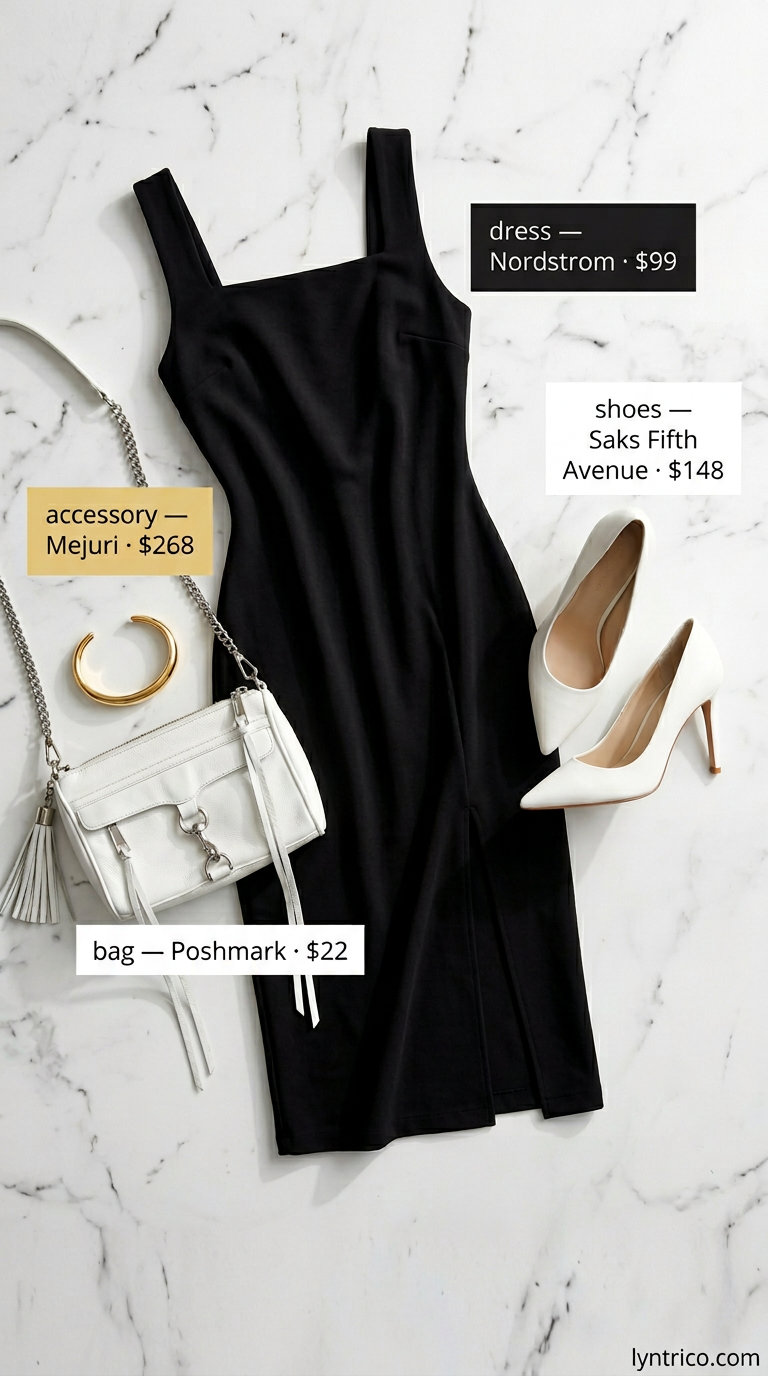 Chic City Midi: Black square-neck sheath dress, white pumps, white crossbody bag, silver cuff. Chic summer midi dresses 2026 for city day out.