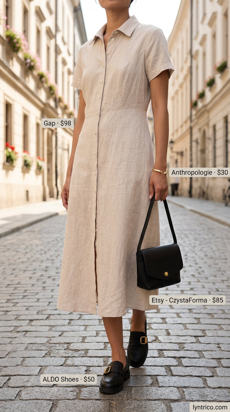 Chic beige linen midi shirt dress with black loafers, gold bracelet, and crossbody for summer midi dresses 2026.