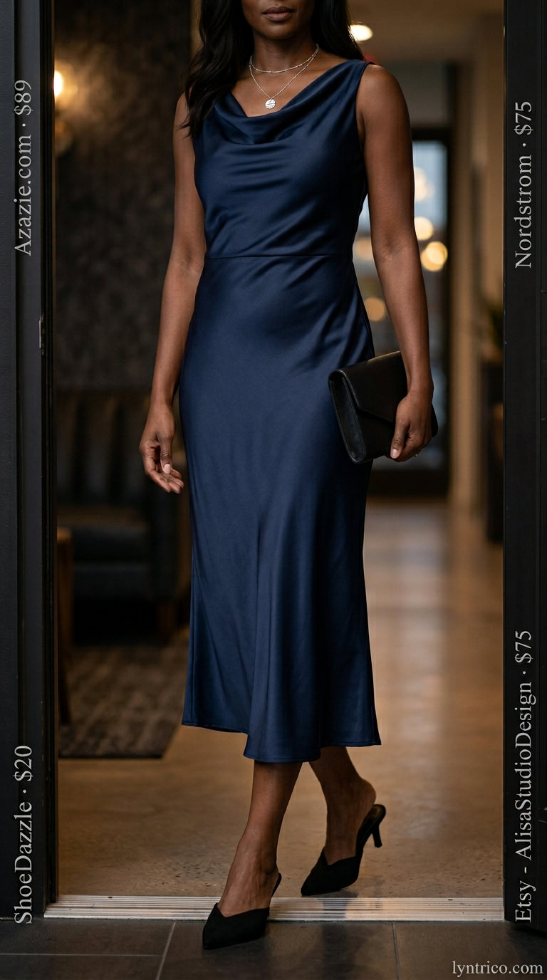 Elegant navy midi slip dress with black mules, clutch, and silver necklaces for summer midi dresses 2026.