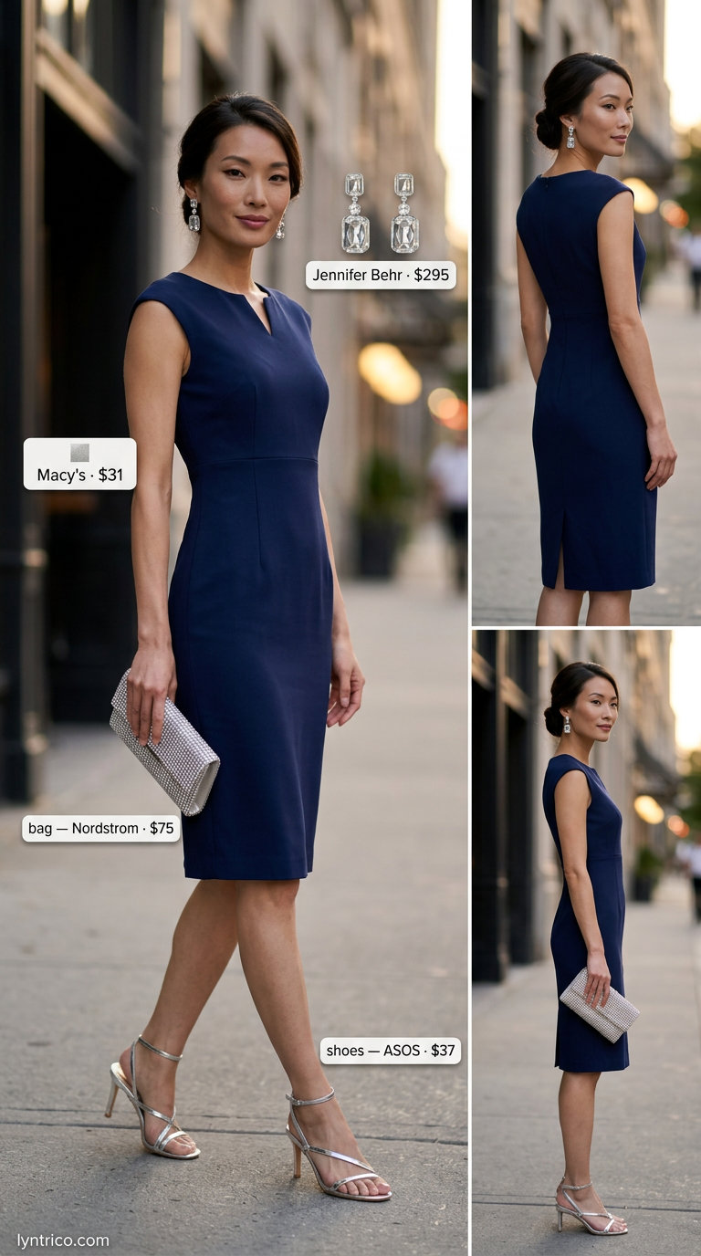 Elegant navy blue midi sheath dress with silver drop earrings, embellished clutch, and heeled sandals for summer midi dresses 2026.