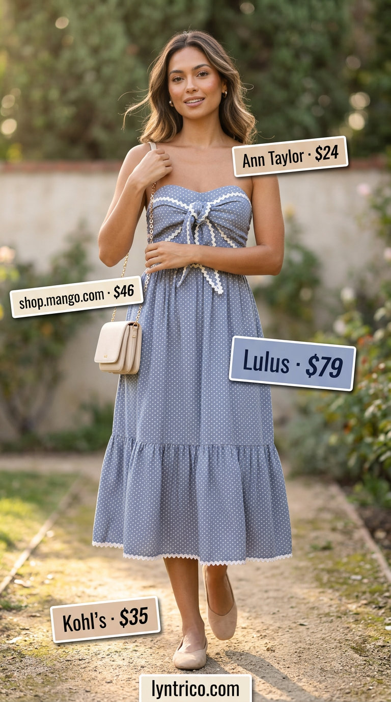 Pastel blue polka dot midi dress with puff sleeves, nude flats for summer outfits 2026.