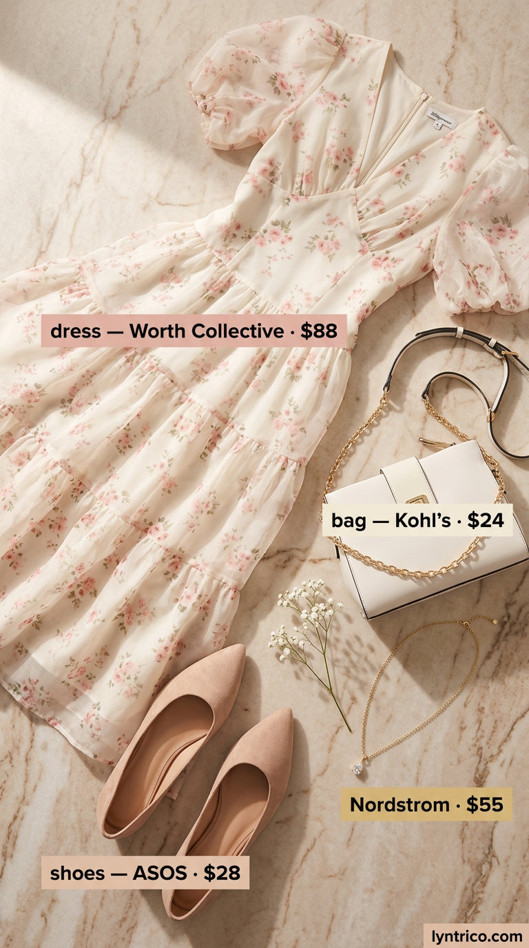 Blush pink floral midi dress with puff sleeves, nude ballet flats for summer outfits 2026.