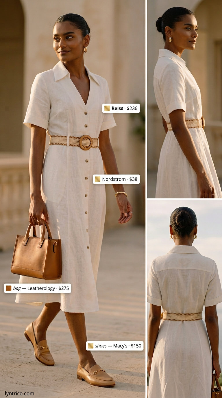 Modern Minimalist Midi: Cream linen shirt dress, gold bangle, camel bag, beige loafers. Elegant summer midi dresses 2026 for business casual.