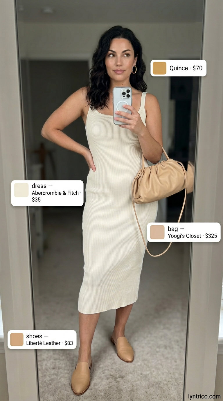 Chic cream midi dress with wide-leg pants, gold earrings, and nude mules for summer midi dresses 2026.
