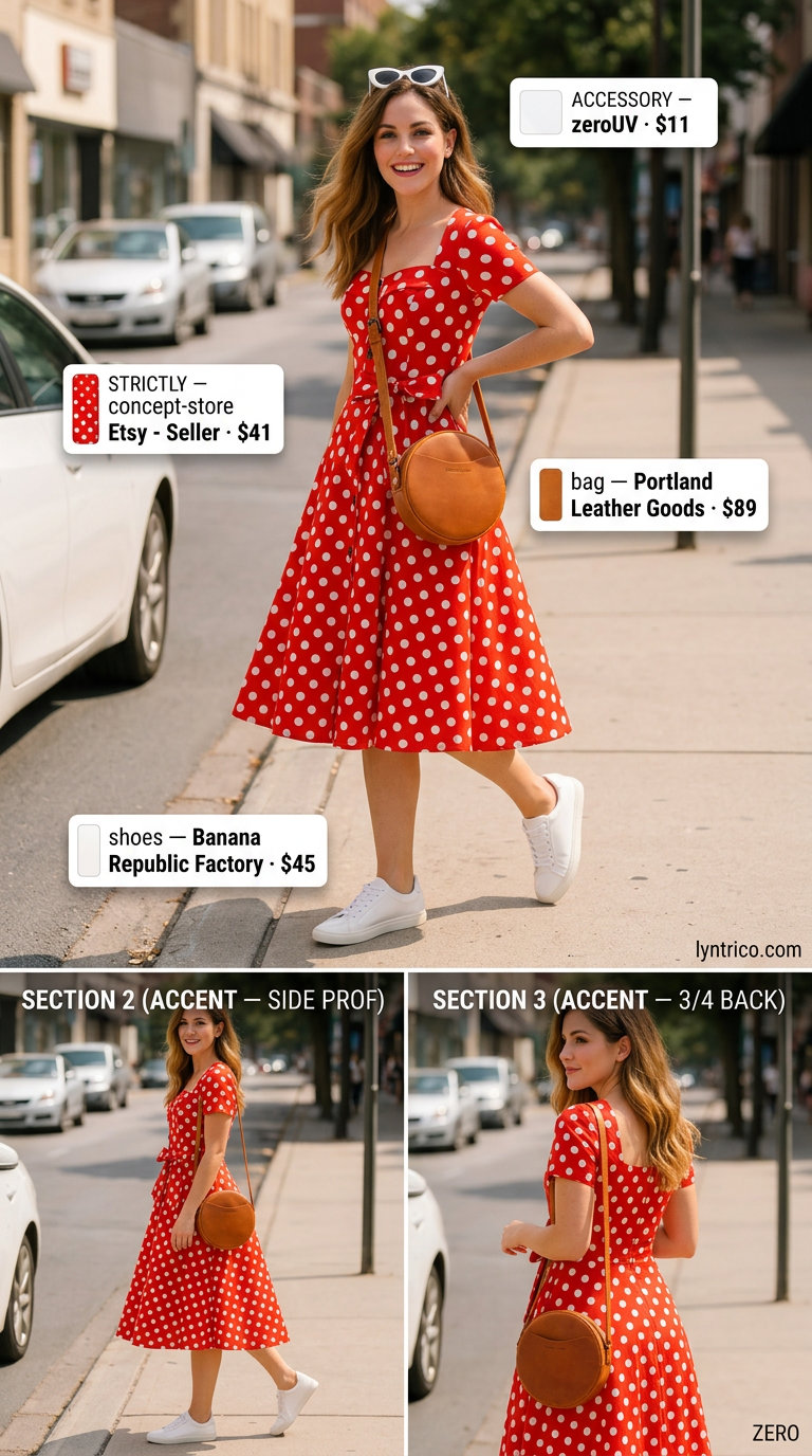 Retro red polka dot midi dress with white sneakers and tan crossbody for summer outfits 2026.
