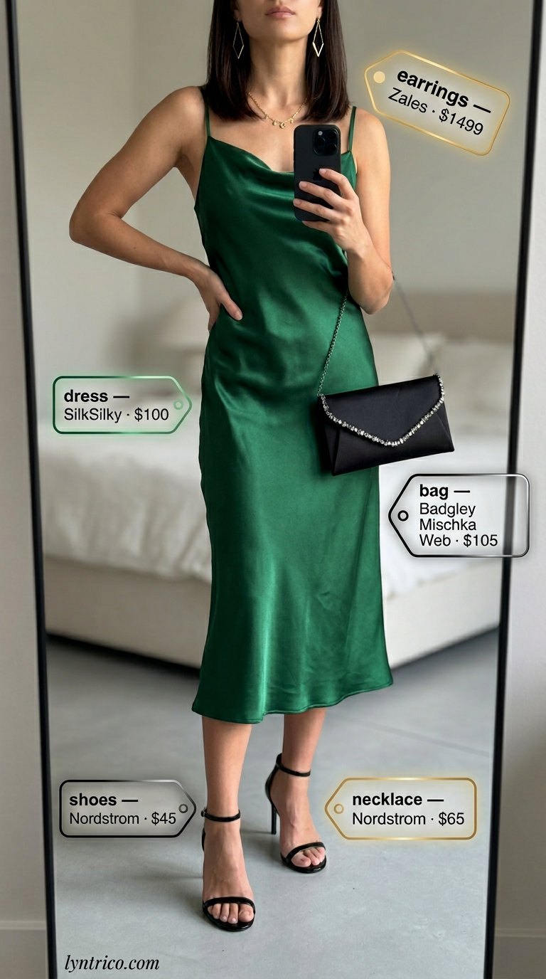 Sophisticated Slip Midi: Emerald green satin slip dress, black heels, black clutch, gold earrings. Glamorous summer midi dresses 2026 for evening.