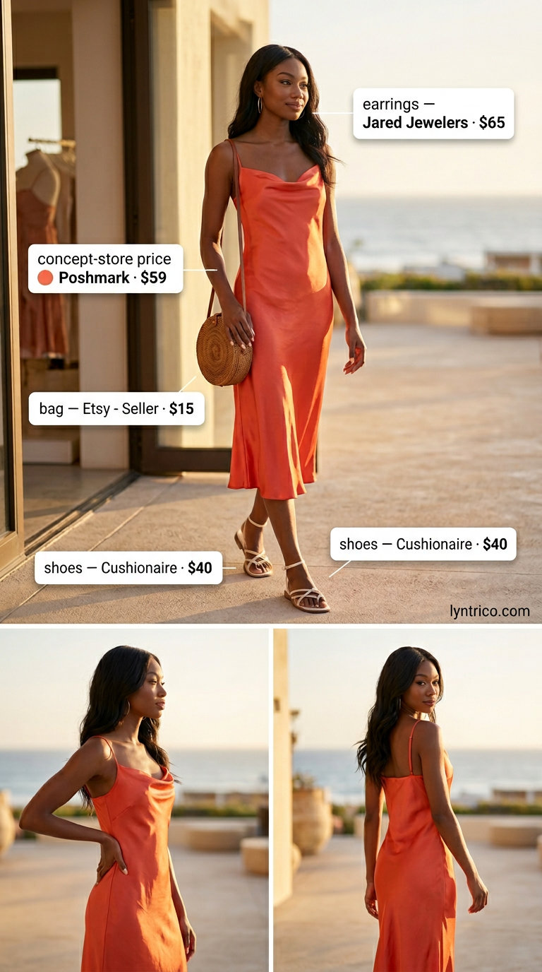 Sunset Glow Midi: Coral satin slip dress, gold earrings, cream sandals, straw bag. Chic summer midi dresses 2026 for evening dinner.