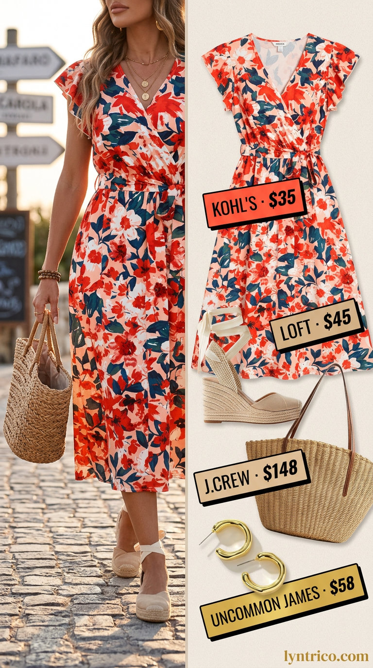 Sunset Serenade Midi: Coral floral wrap dress, jute espadrilles, gold hoops, straw tote. Romantic summer midi dresses 2026 for beachside dinner.