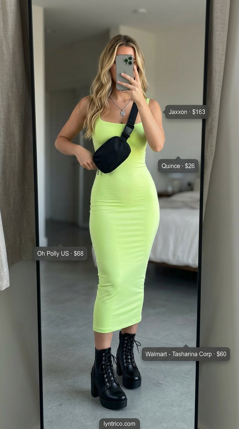 Edgy olive green midi dress with combat boots, silver necklace, and black belt bag for summer midi dresses 2026.