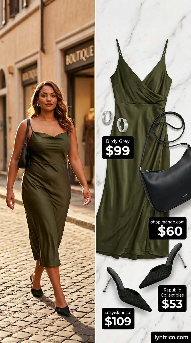 Sophisticated olive green satin midi slip dress with black mules, silver earrings, and crossbody for summer midi dresses 2026.