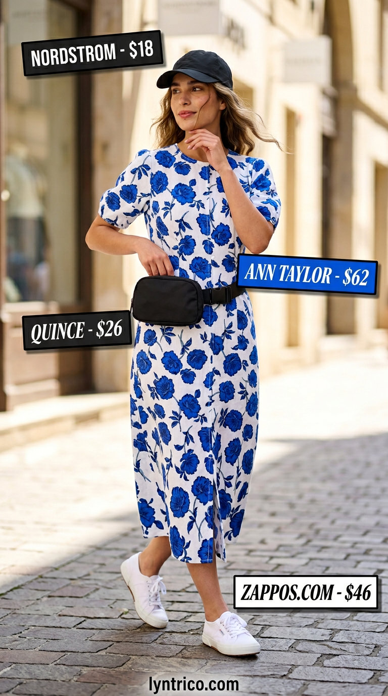 Weekend Wanderer Jumpsuit: Khaki jumpsuit, black cap, belt bag, sneakers. Practical summer midi dresses 2026 for casual weekend outing.