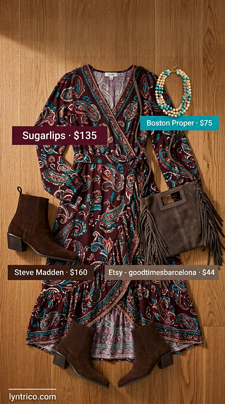 Boho chic midi wrap dress outfit with paisley print for festivals 2026.