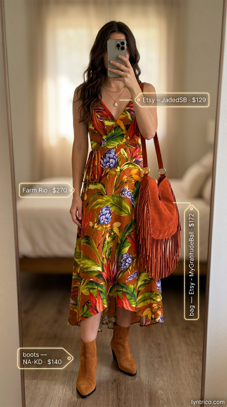 Boho summer midi wrap dress outfits 2026: Earthy tones dress with suede boots and fringe bag for casual evening.