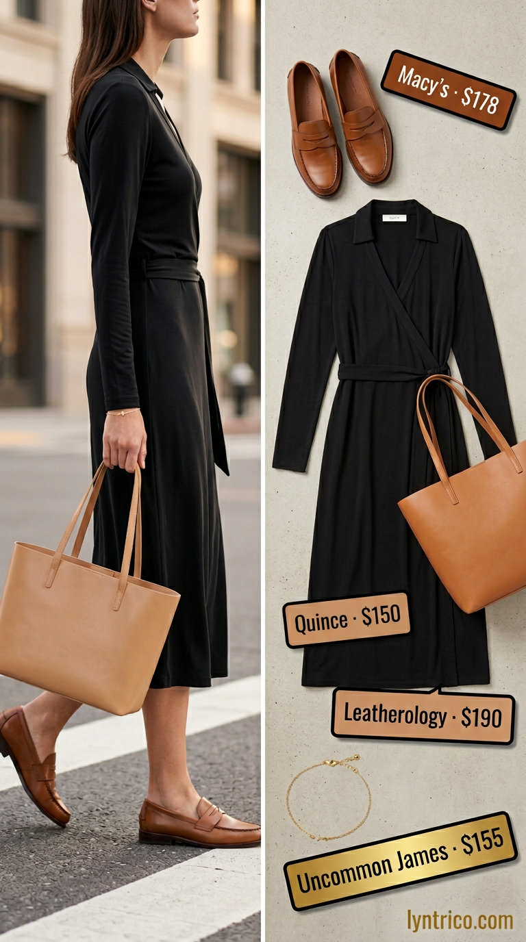 City summer midi wrap dress outfits 2026: Black dress with loafers and structured tote for business casual.