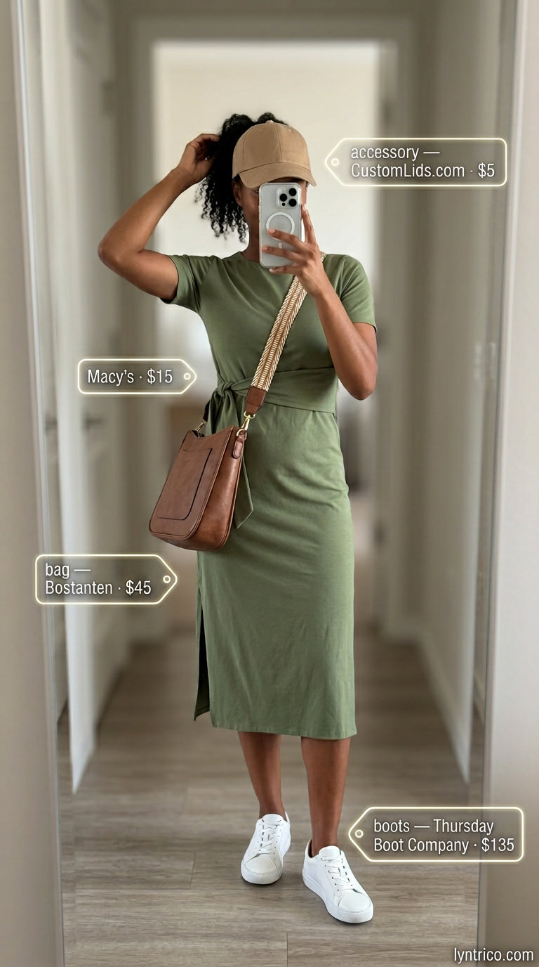 Olive green midi wrap dress outfits 2026 for city exploration with sneakers and crossbody.